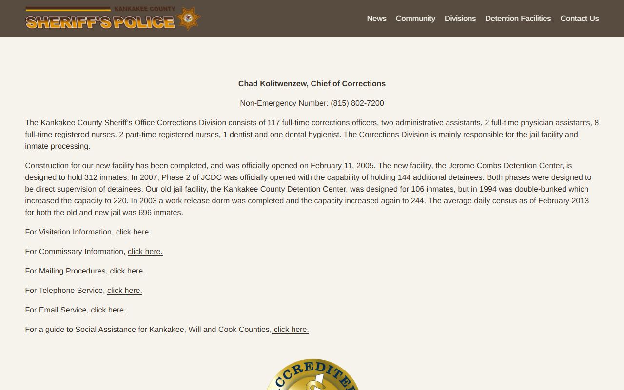Jerome Combs Detention Center corrections division overview with capacity and staffing details