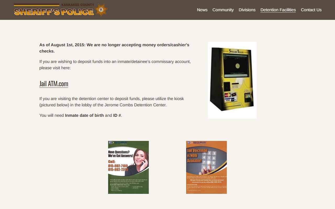 Kankakee County jail commissary deposit page with JailATM and kiosk instructions