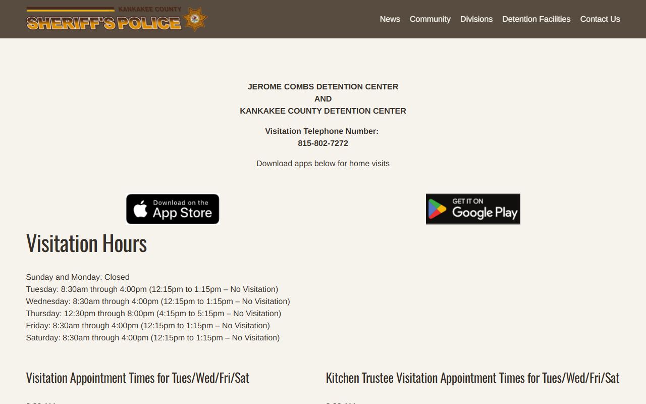 Kankakee County jail visitation schedule and appointment times for inmate visits