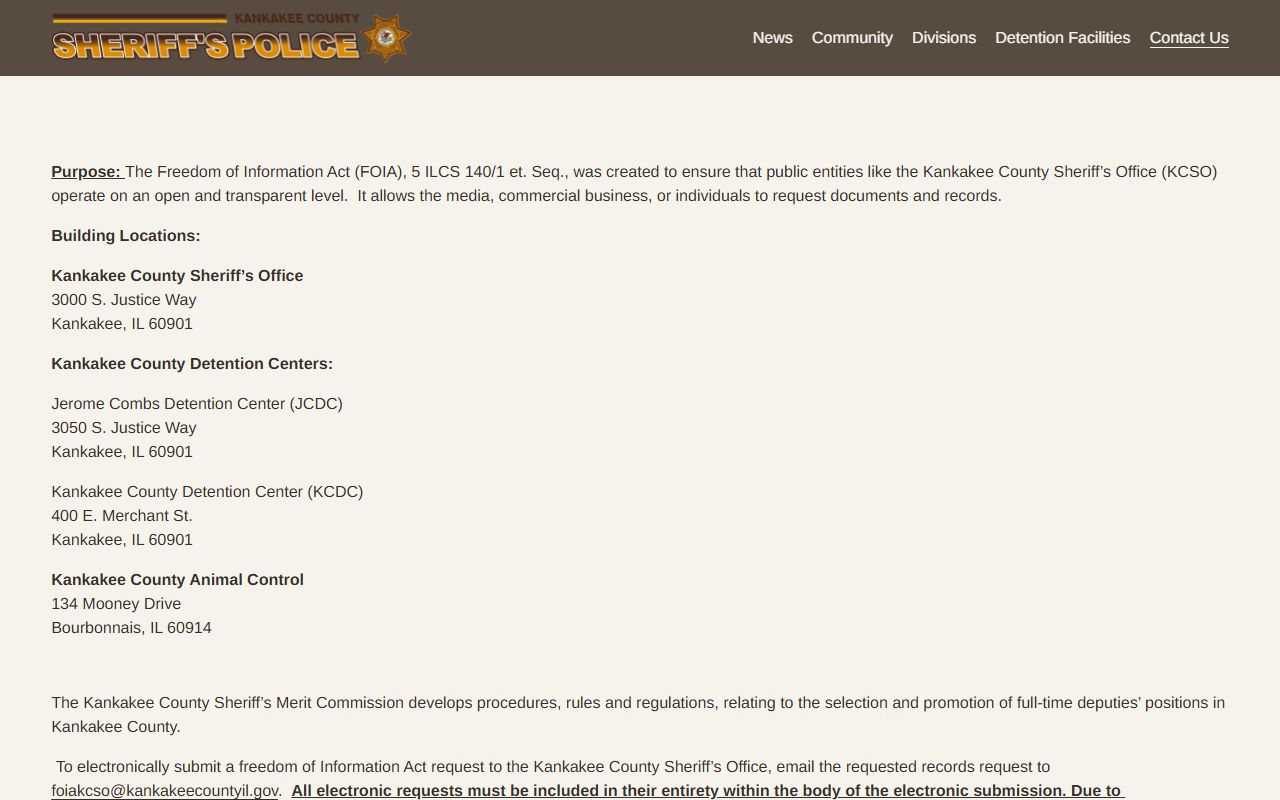 Kankakee County Sheriff FOIA page used to request a jail booking photo and arrest report