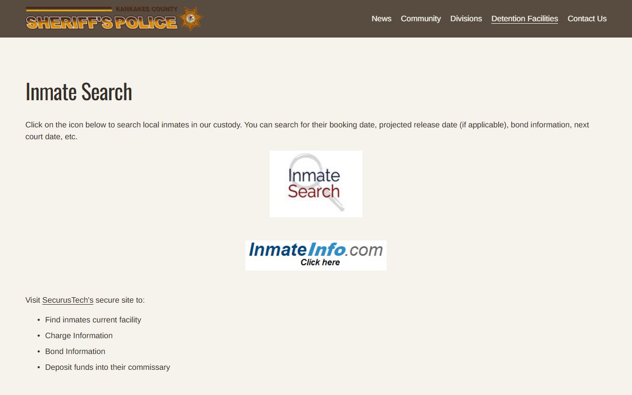 Kankakee County Sheriff inmate search page explaining the jail roster lookup
